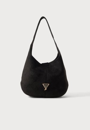 Sac à épaule noir avec motif embossé, logo Guess triangulaire doré et une seule bandoulière, présenté sur un fond clair uni.
