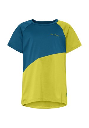 Kurzärmeliges Sport-T-Shirt mit blauem Oberteil und gelbem Unterteil, versehen mit einem kleinen VAUDE-Logo auf Brust und Ärmel.