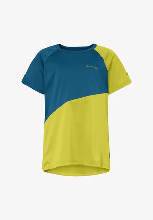 T-shirt de sport à manches courtes avec une partie supérieure bleue et une partie inférieure jaune, présentant un petit logo VAUDE sur la poitrine et la manche.