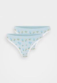 Light blue cotton thong underwear with floral pattern in blue and green. Features white lace trim along the edges. Pair displayed together.