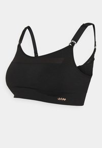 Svart stretch-bh med justerbare stropper, sømløst design og en liten gull logoakcent nær båndet. Mykt stoff med matt finish.