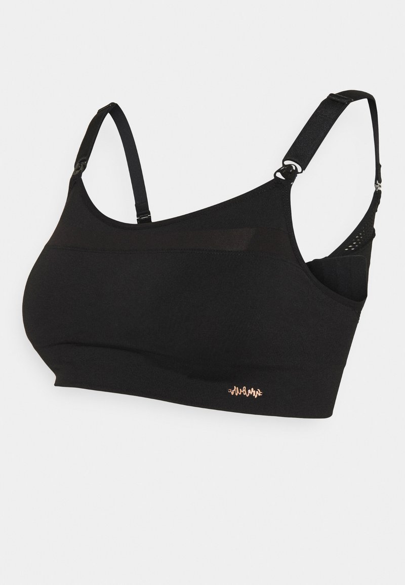 Čierny elastický podprsenka s nastaviteľnými ramienkami, bezšvovým dizajnom a malým zlatým logom pri leme. Mäkká látka s matným povrchom.