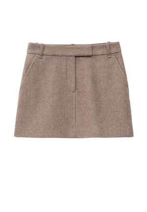 Brown herringbone skirt with a fitted waist, front pockets, and a smooth texture, featuring a tailored cut and clean lines.