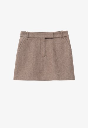 Brown herringbone skirt with a fitted waist, front pockets, and a smooth texture, featuring a tailored cut and clean lines.