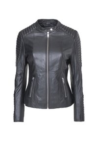 Schwarze Lederjacke mit gerippten Schultereinsätzen, Reißverschluss vorne und zwei Seitentaschen. Sie hat eine enganliegende Passform und eine glatte Textur.