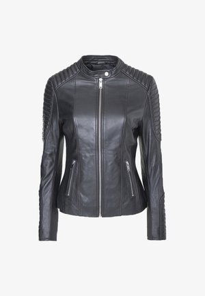 Schwarze Lederjacke mit gerippten Schultereinsätzen, Reißverschluss vorne und zwei Seitentaschen. Sie hat eine enganliegende Passform und eine glatte Textur.