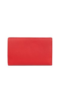 Portafoglio rosso in pelle con una texture liscia e una forma rettangolare. Nessun hardware o motivo visibile, con bordi puliti e dritti.