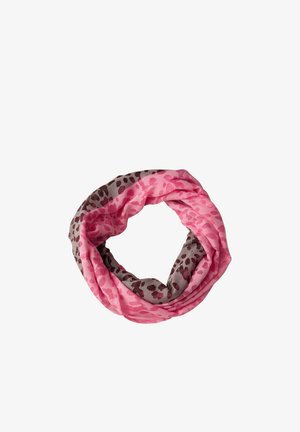 Różowo-szary komin typu infinity z nadrukiem zwierzęcym, starannie ułożony w okrągłą pętlę na białym tle.