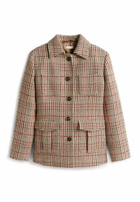 Tweedjas in beige met een geruit patroon, voorzien van rode accenten, een kraag, knoopsluitingen en zakken aan de voorkant.