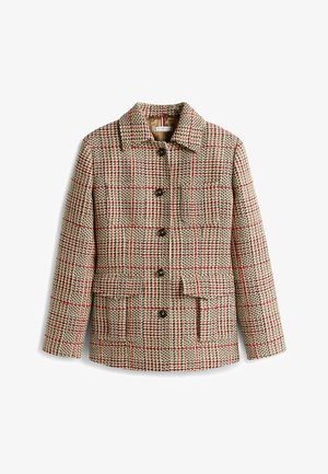 Tweedjas in beige met een geruit patroon, voorzien van rode accenten, een kraag, knoopsluitingen en zakken aan de voorkant.