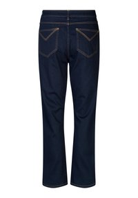 Dunkelblaue Denim-Jeans mit geradem Bein, ausgestattet mit kontrastierendem gelben Stitching, zwei Gesäßtaschen mit V-förmigem Design und einem klassischen Taillenbund.