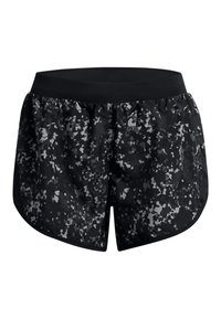 Pantalones cortos deportivos negros con un patrón texturizado de manchas en gris y blanco, que cuentan con una amplia cintura elástica y un ajuste relajado.