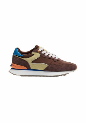 Brown and beige sneaker with blue and orange accents, white laces, and a thick white sole shown from the outer side on white background.