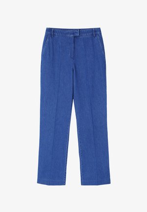 Pantaloni in denim blu con un design a vestibilità dritta, caratterizzati da una parte frontale piatta, due tasche laterali e una vita con passanti per cintura.