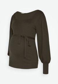 Maglietta premaman marrone scuro con scollatura quadrata, maniche lunghe a sbuffo e cintura annodata in vita, realizzata in morbido tessuto a maglia.