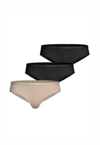 Tre par bikini-underkläder: en nude, två svarta. Tillverkade av slät tyg med elastiska midjeband som har en logotyp.