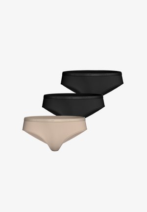 Tres pares de ropa interior estilo bikini: uno en color nude y dos en negro. Están hechos de una tela suave con cinturas elásticas que presentan un logotipo.