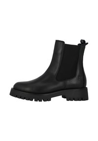 Svart läder Chelsea-boots med elastiska sidopaneler, rund tå och en slitstark gummisula med mönster för grepp.