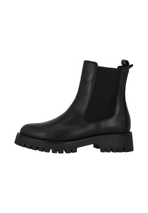 Bottine Chelsea en cuir noir avec panneaux latéraux en élastique, bout rond et semelle en caoutchouc robuste dotée d'une bande de roulement pour l'adhérence.