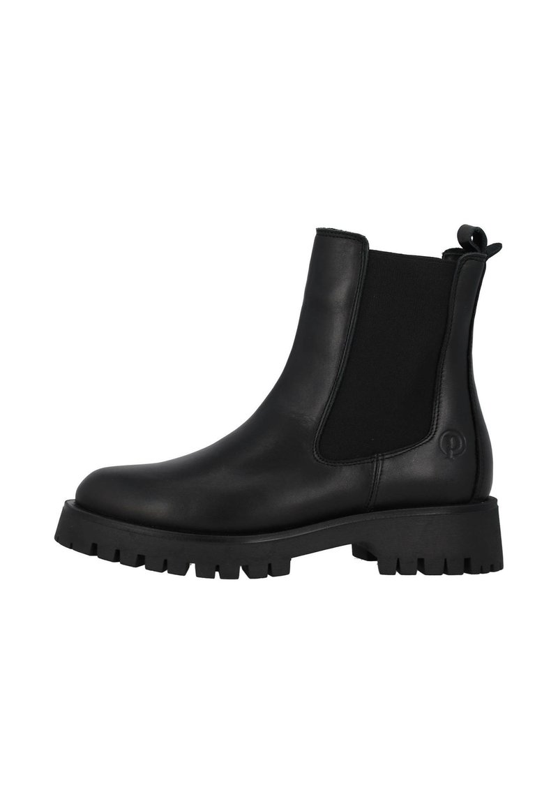 Svart läder Chelsea-boots med elastiska sidopaneler, rund tå och en slitstark gummisula med mönster för grepp.