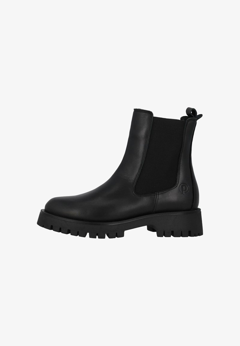 Svart läder Chelsea-boots med elastiska sidopaneler, rund tå och en slitstark gummisula med mönster för grepp.