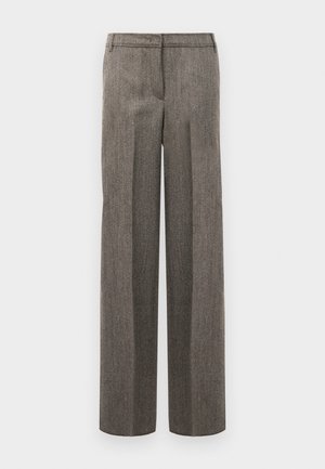 Grey patterned trousers with a tailored design, wide legs, and a smooth texture, featuring a flat front and belt loops.