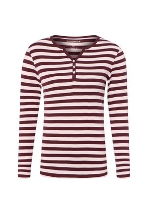 Long-sleeve Henley shirt with horizontal burgundy and light pink stripes and a three-button placket at the collar.