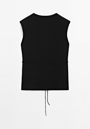 Vêtement sans manches noir au design simple, avec un cordon de serrage à l'ourlet, présenté sur un fond blanc uni.