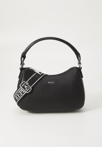 Black leather handbag with a curved design, a short handle, and a removable patterned strap. Features a silver logo and zip closure.