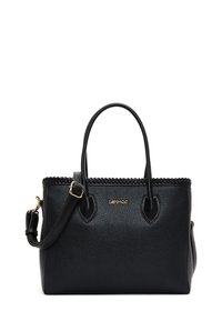 Sac à main en cuir noir avec une finition texturée, doté de poignées doubles, d'une bandoulière amovible et d'une bordure tissée décorative le long du haut.