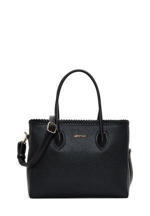 Borsa a tracolla nera in pelle con finitura testurizzata, dotata di doppio manico, una tracolla removibile e un bordo decorativo intrecciato lungo la parte superiore.