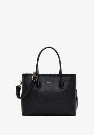 Sac à main en cuir noir avec une finition texturée, doté de poignées doubles, d'une bandoulière amovible et d'une bordure tissée décorative le long du haut.