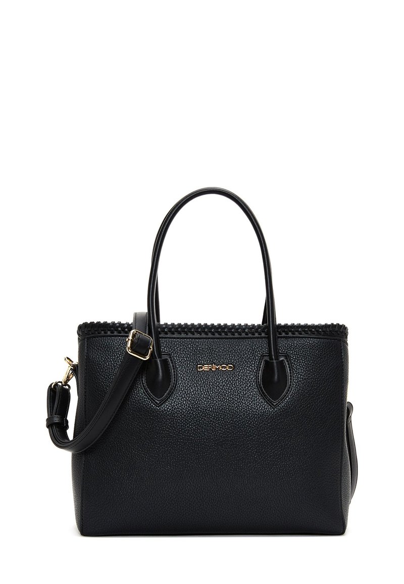 Sac à main en cuir noir avec une finition texturée, doté de poignées doubles, d'une bandoulière amovible et d'une bordure tissée décorative le long du haut.