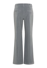Grijze wijde broek van zachte stof, met een strakke uitstraling, achterzakken en een gladde afwerking.