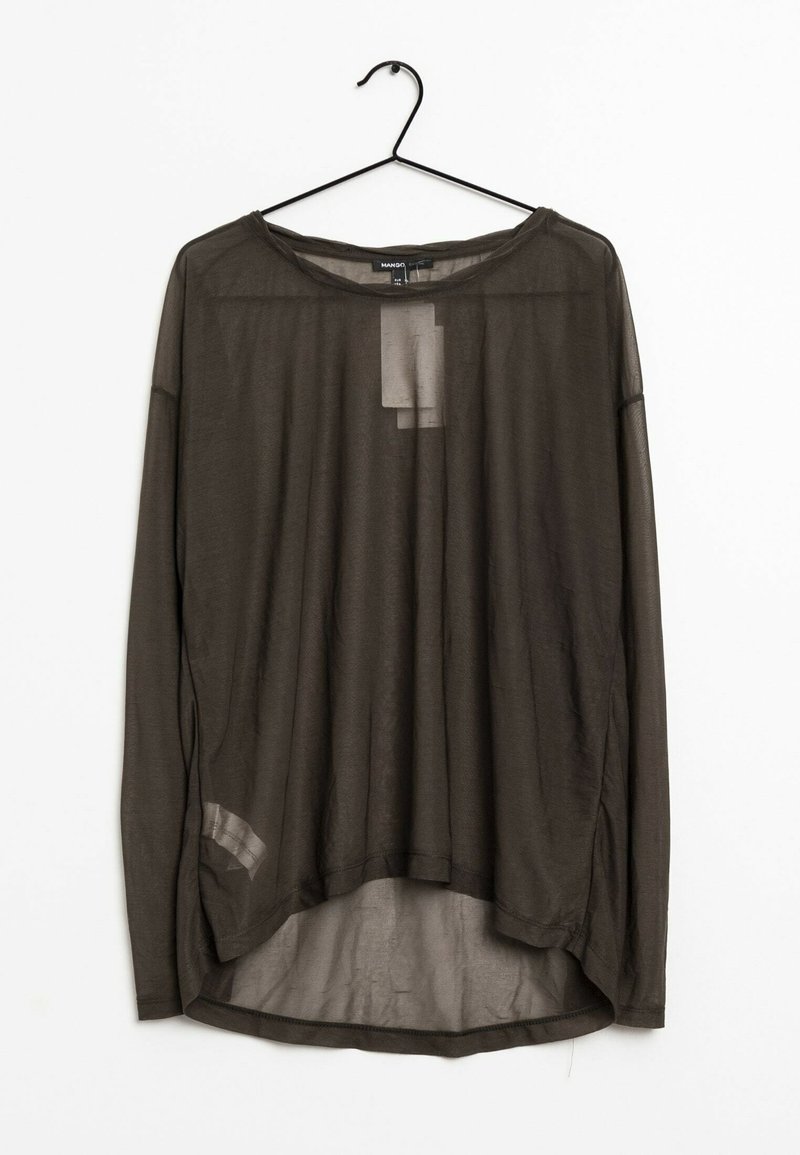 Haut à manches longues, transparent en vert olive foncé. Il présente un col rond, une coupe loose et un ourlet asymétrique avec une texture douce et légère.