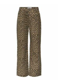 Tijgerprint wijde broek in bruin en zwart, met een knoopsluiting, twee voorzakken en een middellange taille. Zachte stof textuur.