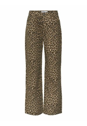 Leopardenmuster weite Hosen in Beige und Schwarz, mit Knopfverschluss, zwei Fronttaschen und mittelhoher Taille. Weicher Stoff.
