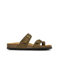 Brown vegan sandals with two straps, adjustable buckles, cork footbed, and a textured black rubber sole. Lightweight and open design.