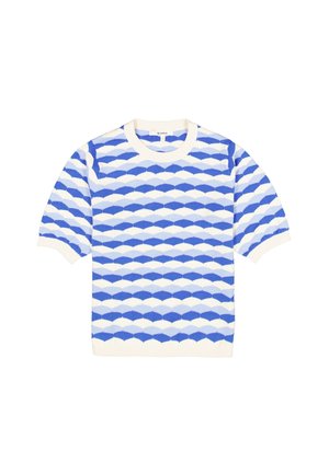 Gebreide korte-mouwen trui met golfpatroon in verschillende tinten blauw en wit, met een ronde halslijn en geribbelde randen.