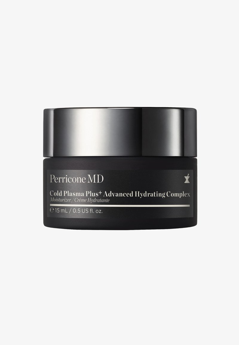 Perricone MD Cold Plasma Plus+ Advanced Hydrating Complex Feuchtigkeitscreme in einem schwarzen 15 ml Glas mit silbernem Deckel und weißem Textetikett.