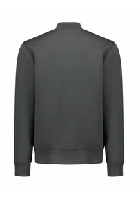 Sweatshirt grigio con colletto alto, maniche lunghe e polsini e orlo a costine. Texture liscia, colore uniforme, senza motivi o dettagli visibili.