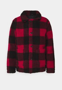 Red and black checkered fleece jacket with a collar, five black buttons, and a soft, textured surface.