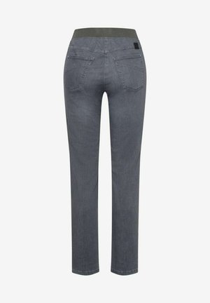 Pantaloni in denim grigi con vita aderente, design a gamba dritta, due tasche posteriori e dettagli di cucitura minimi. Texture liscia.