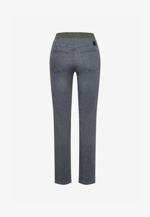 Pantaloni in denim grigi con vita aderente, design a gamba dritta, due tasche posteriori e dettagli di cucitura minimi. Texture liscia.