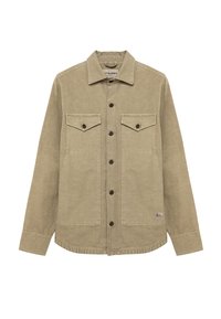 Camicia khaki con bottoni, due tasche sul petto, colletto a punta, maniche lunghe e orlo leggermente curvo. Realizzata in tessuto testurizzato con una vestibilità comoda.