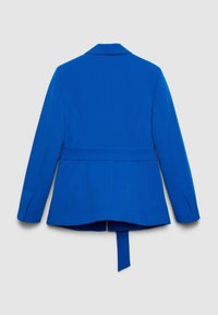 Electric blue tailored blazer with long sleeves, a belt at the waist, and a small vent at the back hem, shown from behind on a gray background.