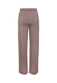 Svetlohnedé široké nohavice s elastickým pásom, zobrazené zozadu na bielom pozadí.