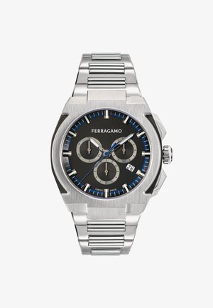 Herren armbandsur i rostfritt stål med svart urtavla, blå detaljer, tre sub-dialer, datumvisning och borstad länkarmband.