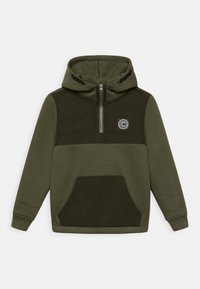 Zip-up hoodie i mörkgrön och olivgrön. Mjukt tyg, känguruficka och en cirkulär logotyp på bröstet. Design med kontrasterande panel.