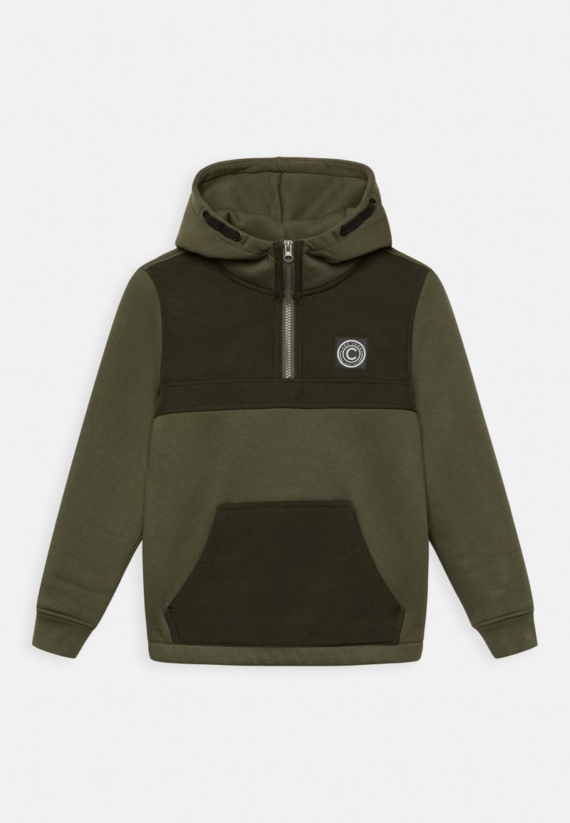 Bluza z kapturem zapinana na zamek w ciemnozielonym i oliwkowym kolorze. Miękka tkanina, kieszeń kangurka oraz okrągłe logo na piersi. Wzór z kontrastowymi panelami.